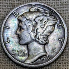 1936 D Mercury Dime F/VF : Rainbow Tone, Denver Mint (8,000 Left) - .9 Fine