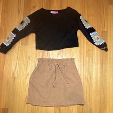 2 hip Girls Size 7 2-Pc Outfit Set Black Long Sleeve Sweatshirt Brown Skirt