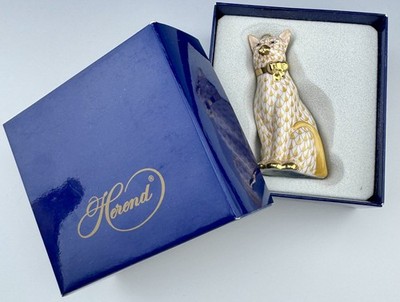   MINT in BOX HEREND Cat with Bow ORNAMENT Butterscotch Fishnet Figurine 1st Ed