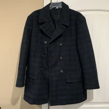 Ralph Lauren Pea Coat Mens 38S Luke Wool Blend Blue Green Plaid Preppy Tartan