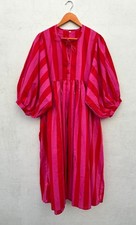 Blockprint Flower Cotton Kyra Midi Dress Deep Neck with String Closer Striped