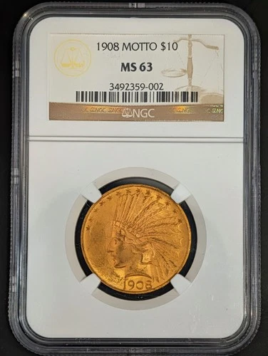 NGC MS63 1908 Motto Indian $10 Gold Eagle 0.4838 Oz Gold US Coin 3492359-002