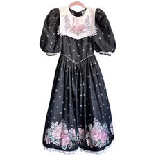 Daisy Kingdom Vintage Girl's Black Pink Floral Cottage Prairie Dress Size 10-12