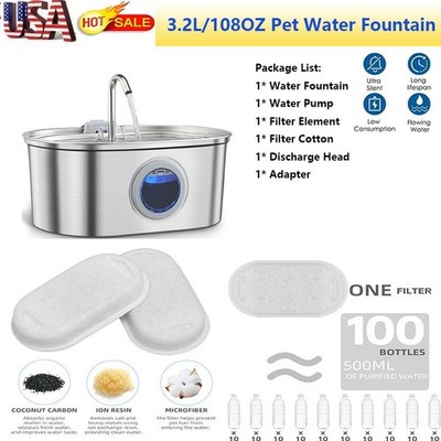 Stainless Steel Cat Water Fountain 3.2L Automatic Dispenser for Pets Filters