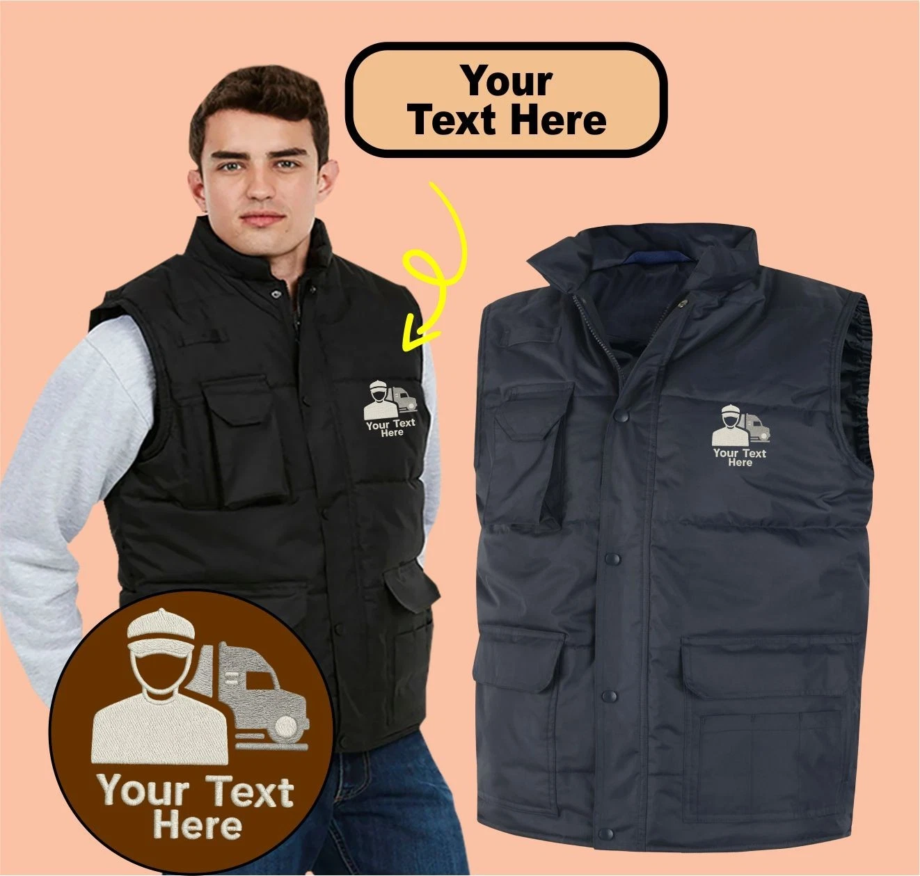 Personalised Embroidered Body Warmer With Truck Driver Logo Custom Text Workwear