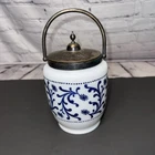 Antique Blue And White Biscuit Jar with Silver Plate Handle, Milk Glass