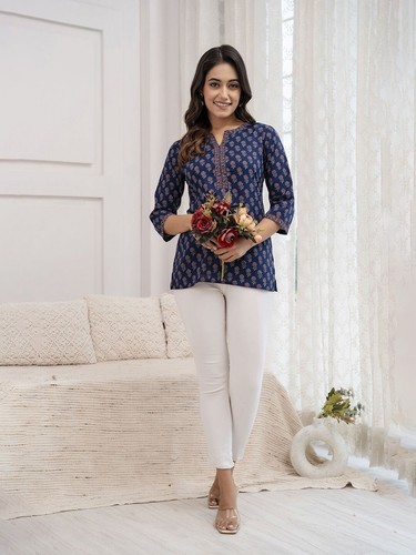 Indian Women Blue Pure Cotton Floral Printed Top Tunic Kurta Kurti New Dress - 第 4/7 張圖片