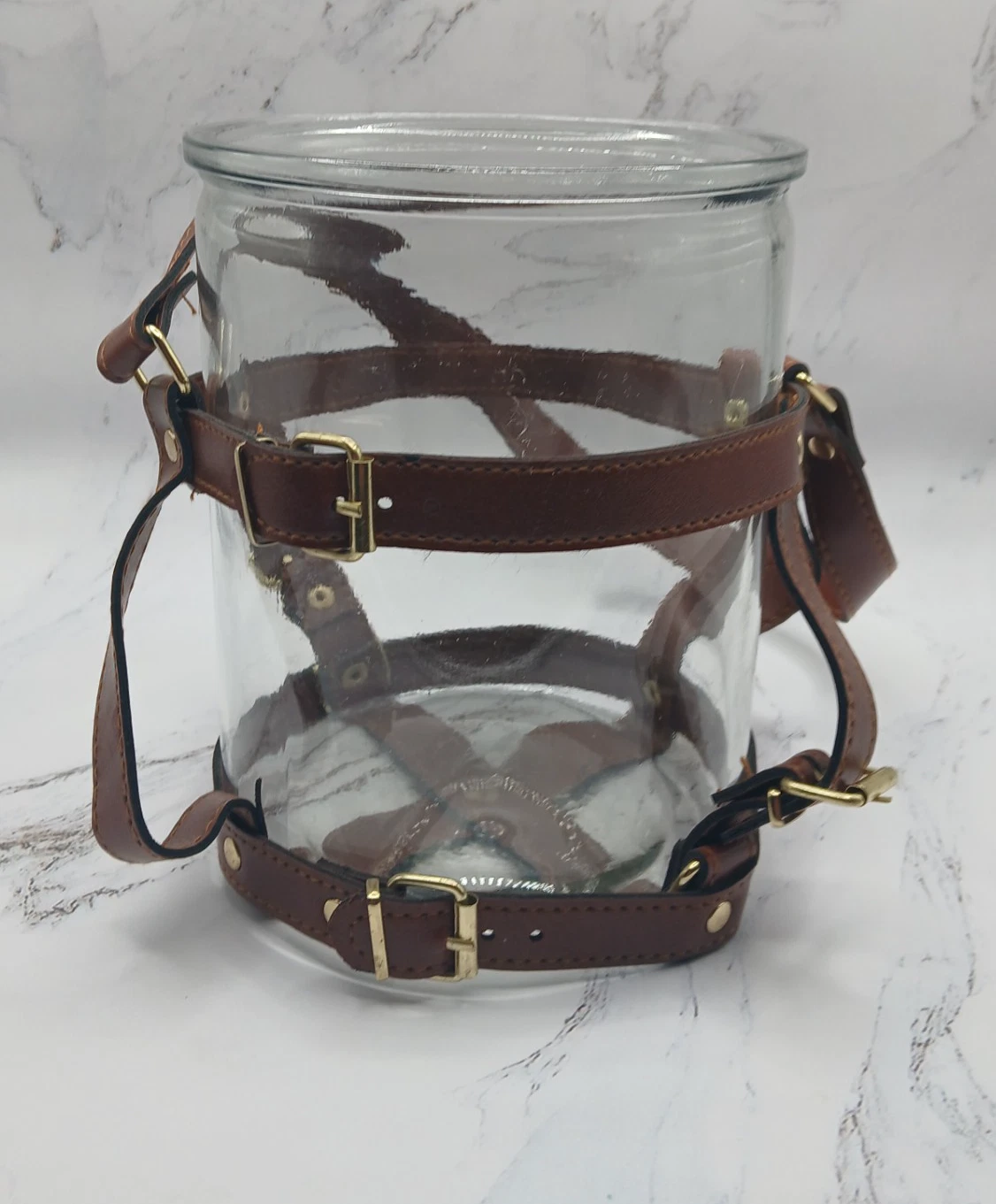 Leather Strapping & Handle 5.5”x 7” Clear Glass Jar