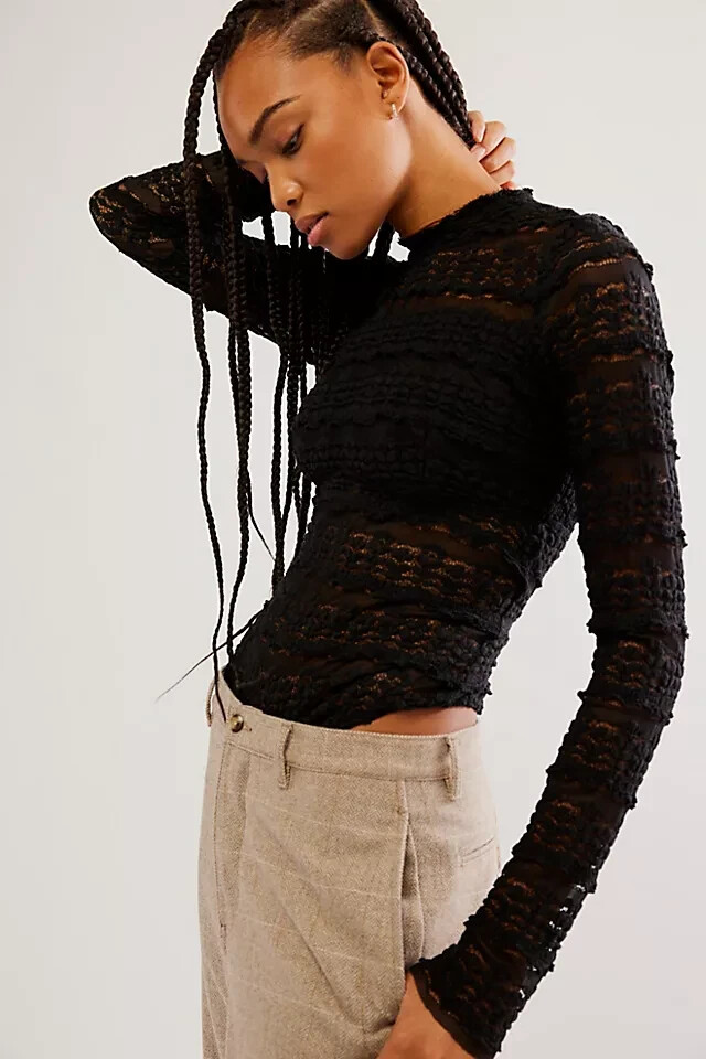 Free People Angelina Bodysuit Black Mock Neck Lace Sheer Cutout