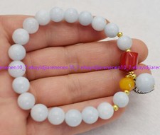 Natural 8mm Blue Aquamarine Round  Coral Cylinder Beads Elastic Bracelet 7.5 in