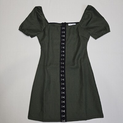 Wild Honey Aisha Mini Dress Green Gingham Women s M Hook Eye NWT Cottagecore