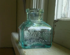 CAWS INK NEW YORK BOLD EMB WITH PARTIAL LABEL HAND BLOWN 1890 SQUARE INK BOTTLE