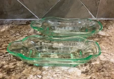 Green Depression Glass set of 2 small relish trays 8 1/4 x 3 1/4 x 1 3/4 high