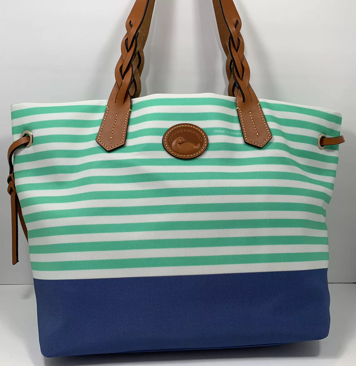 Dooney & Bourke Nylon Shopper Tote Handbag Sea Foam /Blue/Tan Trim One Size