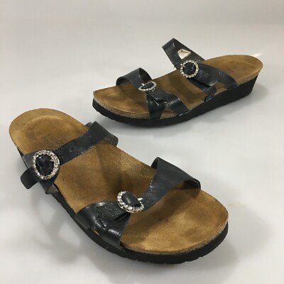 Naot 38EU Black Luster Leather Kate Rhinestone Buckles Strap