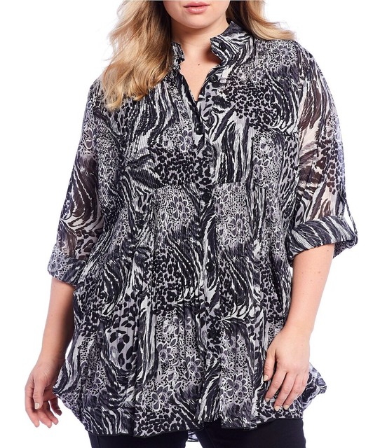 Ali Miles Plus Animal Print Accordion Chiffon Roll Tab SLV Tunic Top 3x for sale online | eBay
