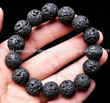 Beautiful 12mm Natural Black Volcanic Lava Gemstone Beads Stretchy Bracelet 7.5"