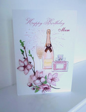 HAPPY BIRTHDAY card Prosecco, Perfume, flowers. Can b Personalised with name etc