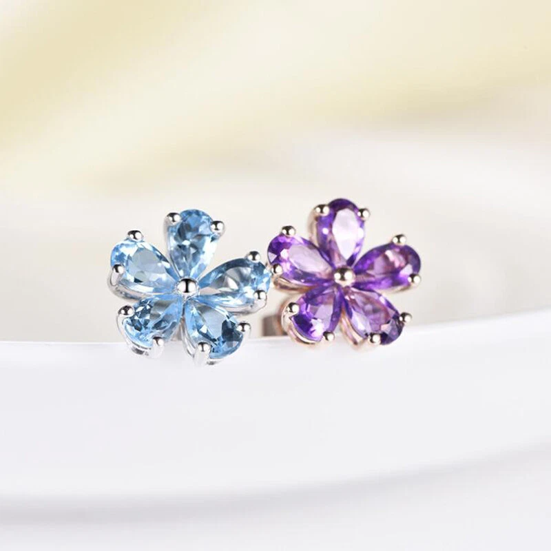 Juego de 4 pares de aretes de gancho de plata de oro rosa con peridoto amatista arco iris flor Foto 3 de 4