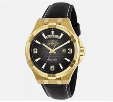 NEW Invicta Objet D Art Men Black 44mm Quartz Leather Strap Gold Tone Watch
