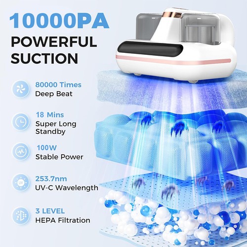 Handheld Mite Remover Home Bed Mattress Vacuum Sofa Cleaner UV Cleaning 10000PA - Picture 6 of 20
