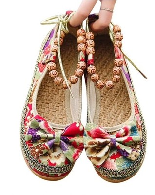 Boho Tribal Floral Ballet Flats Beaded Ankle Tie Rhinestone  Shoes Sz 41