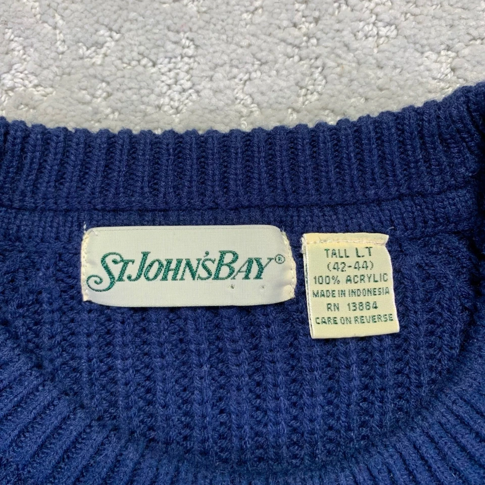 Vintage St Johns Bay Sweater Mens Large Tall Navy Blue Knit Acrylic Crew Grandpa - Image 3 of 4