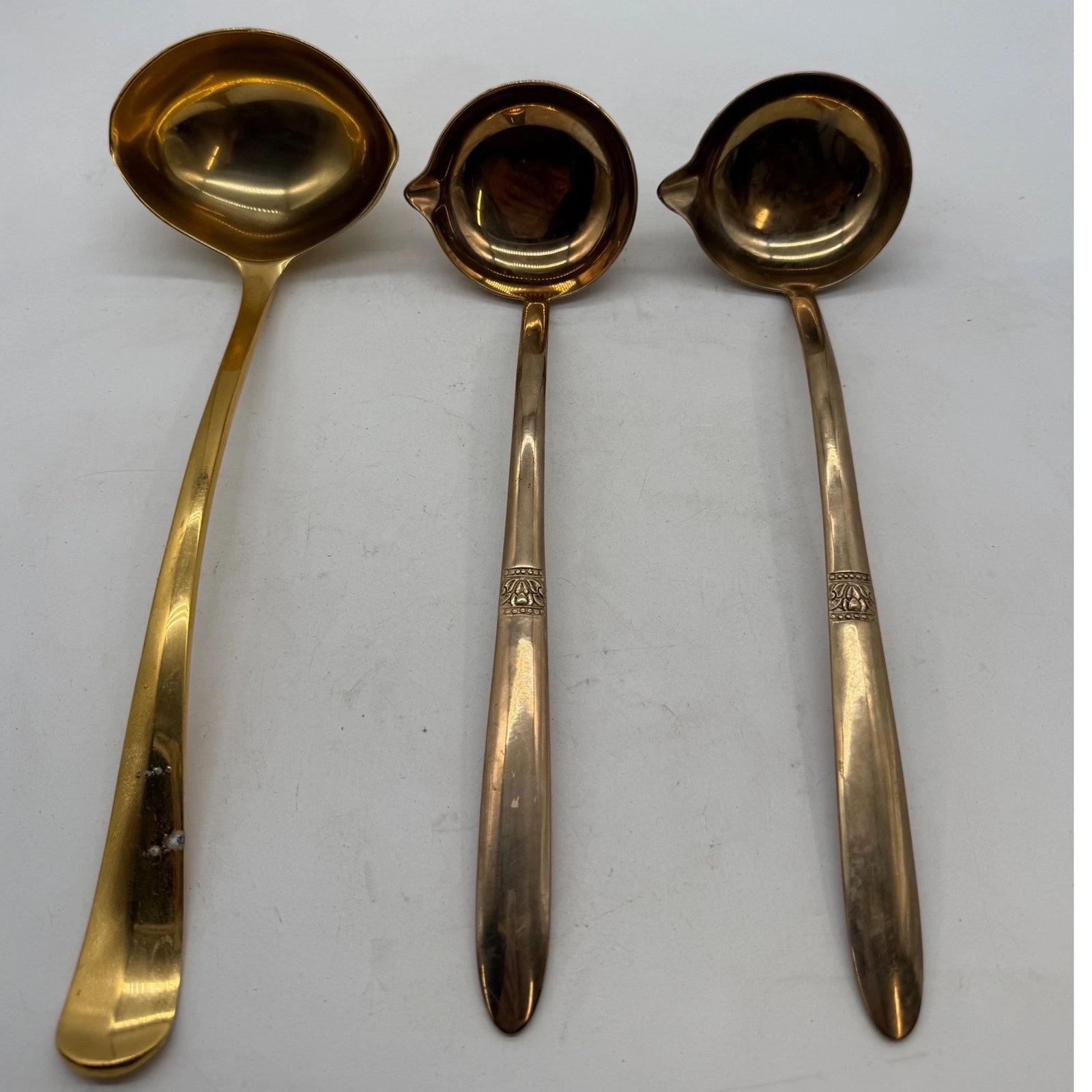 VTG MCM Thailand Bronze Brass Ladle Sauce Spoon Set 3 Gold Tone Floral Etched