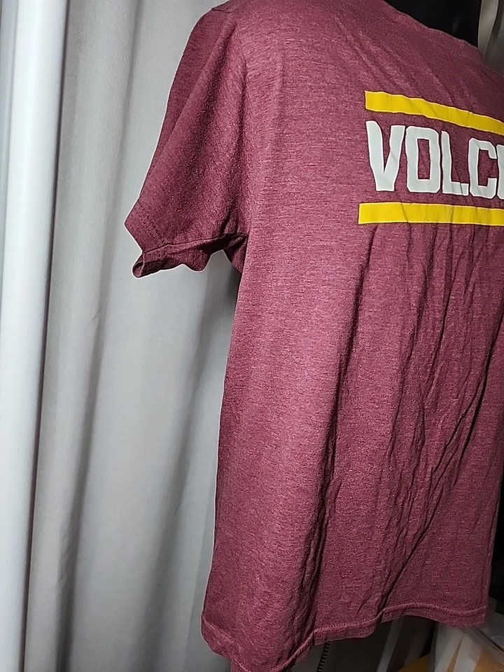 Volcom Men's Short Sleeve T-Shirt - Maroon with White & Yellow Accents - Size M - Image 3 of 4