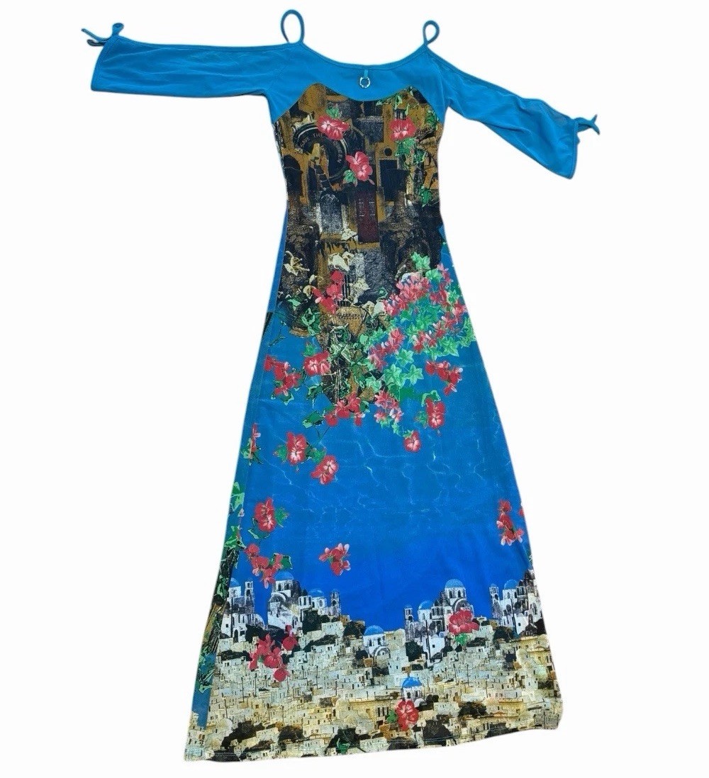 Vintage Save the Queen Maxi Mesh Dress Turquoise Santorini Print Floral Y2K M image 3
