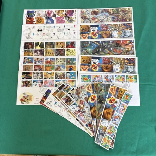 GB greetings addressed  FDC+strips of stamps 1989-1997 x10 including the smilers