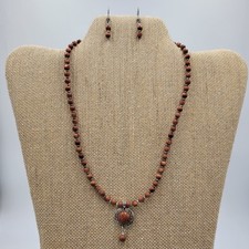 Elegant Necklace and Earrings Set Silver Tone Round Pendant Beads Brown Matching