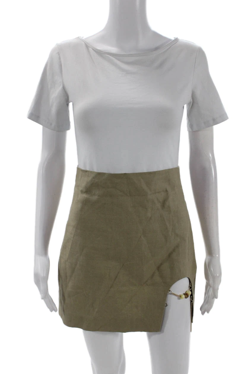 Zara Womens Back Zip Chain Detail Cut Out Mini Skirt Brown Linen Size XS