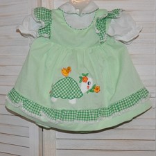VTG Baby Girls Dress Green Gingham Plaid Turtle  Bird W/Flowers Puff Sleeve Bow