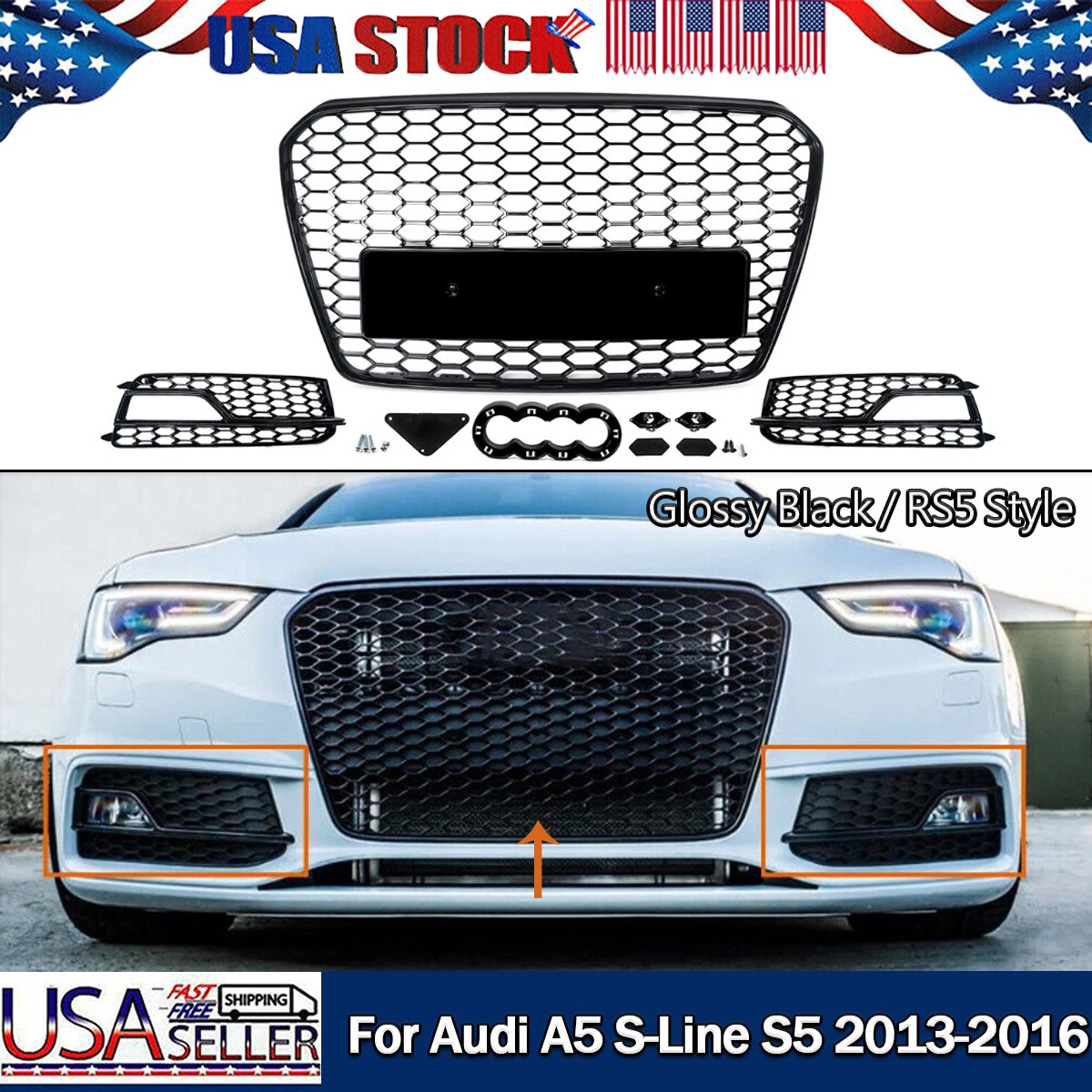 FIT AUDI A5 S-LINE S5 2013 2016 RS5 LOOK FRONT GRILLE FOG LIGHT COVERS HONEYCOMB