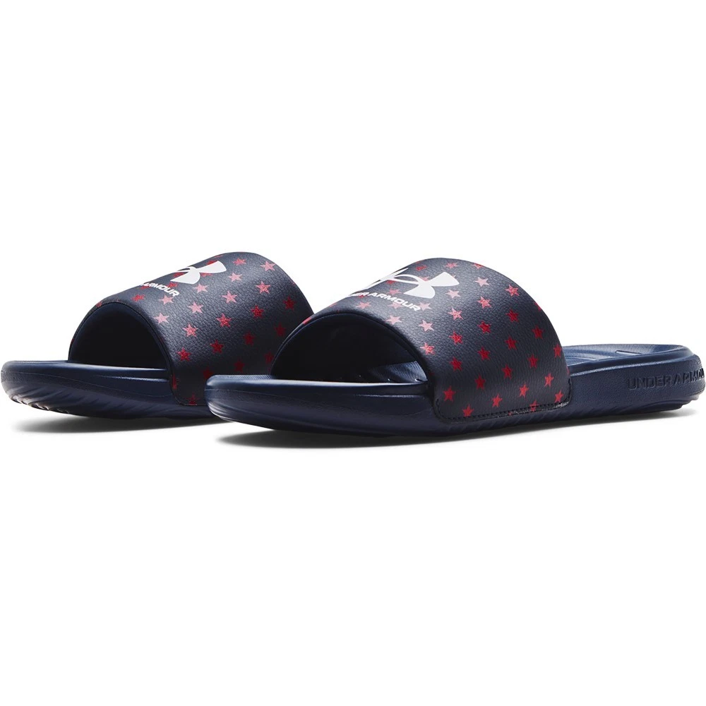 Like New Under Armour Men’s Blue Red Navy USA Patterned Slide Sandals Sz 12 Under Armour Blue Slide Sandals for Men for sale | eBay main image 2