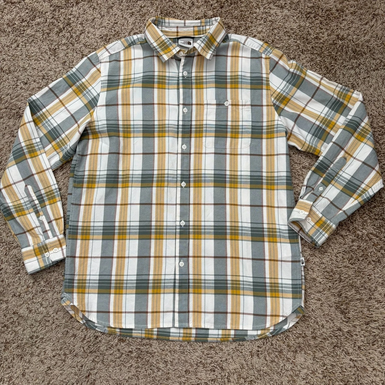 The North Face Button-Up Shirt Men's L Yellow Plaid Long Sleeve 100% Cotton Logo