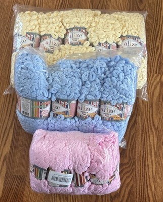 Lot 12 Skeins Alize Puffy Fine Yarn Pink/Blue/Yellow 3.53 oz skein 