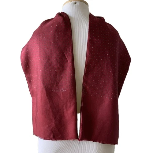 Foulard CHRISTIAN DIOR 100% laine soie bordeaux à pois 56"x9" a tache#A4