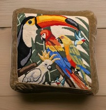 VTG Needlepoind Embroidery Parrots  Birds TropicalBrown Sham Custion Pillow 20"