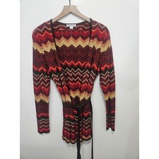 Pendleton Womens Merino Wool Chevron Zigzag Belted Cardigan Red Orange Brown L