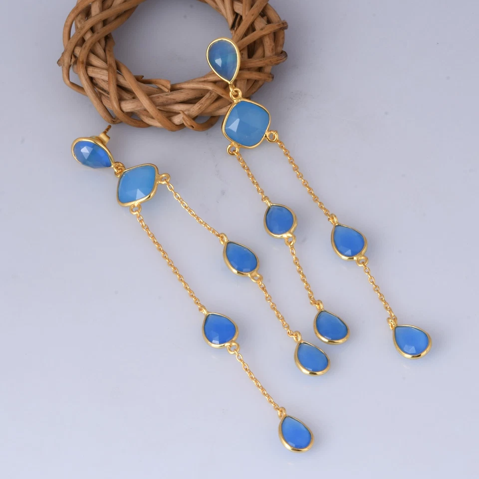 Long Chain Earrings Yellow Gold Plated Blue Chalcedony Gemstone Dangle Earring - Image 3 of 4