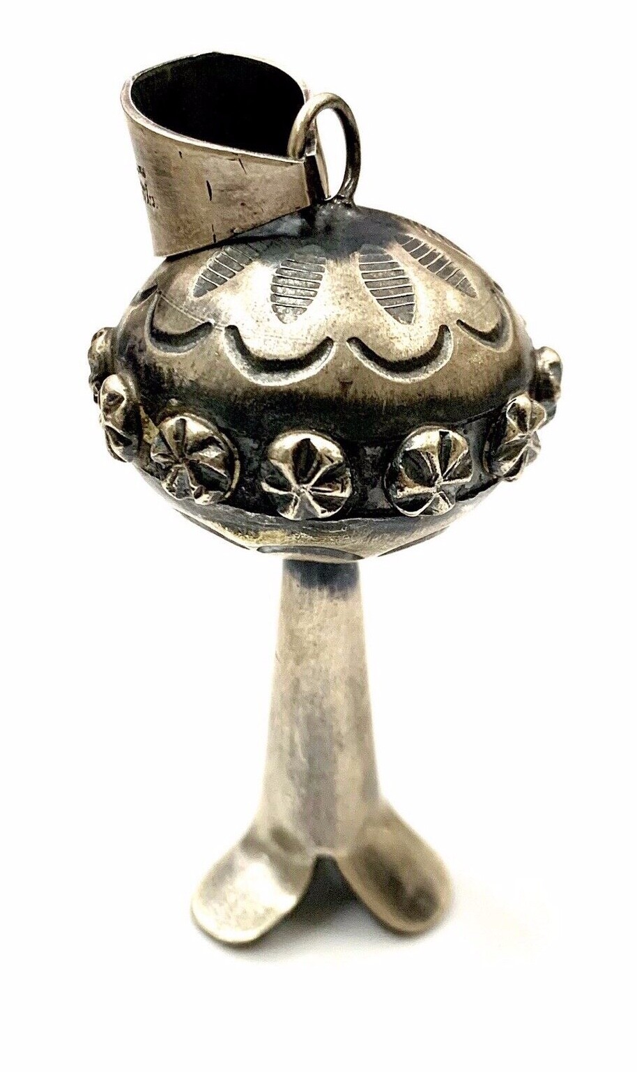 Navajo Handmade Sterling Silver Stamp Squash Blossom Pendant By