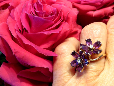 Vintage Massiver schwerer Cocktailring 14 Gelbgold 10 Amethyst 2 Blumen 6,75 * 6,3gr