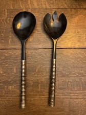Pair 13" Salad Servers Handmade Polished Bone  Silver Carved Handles