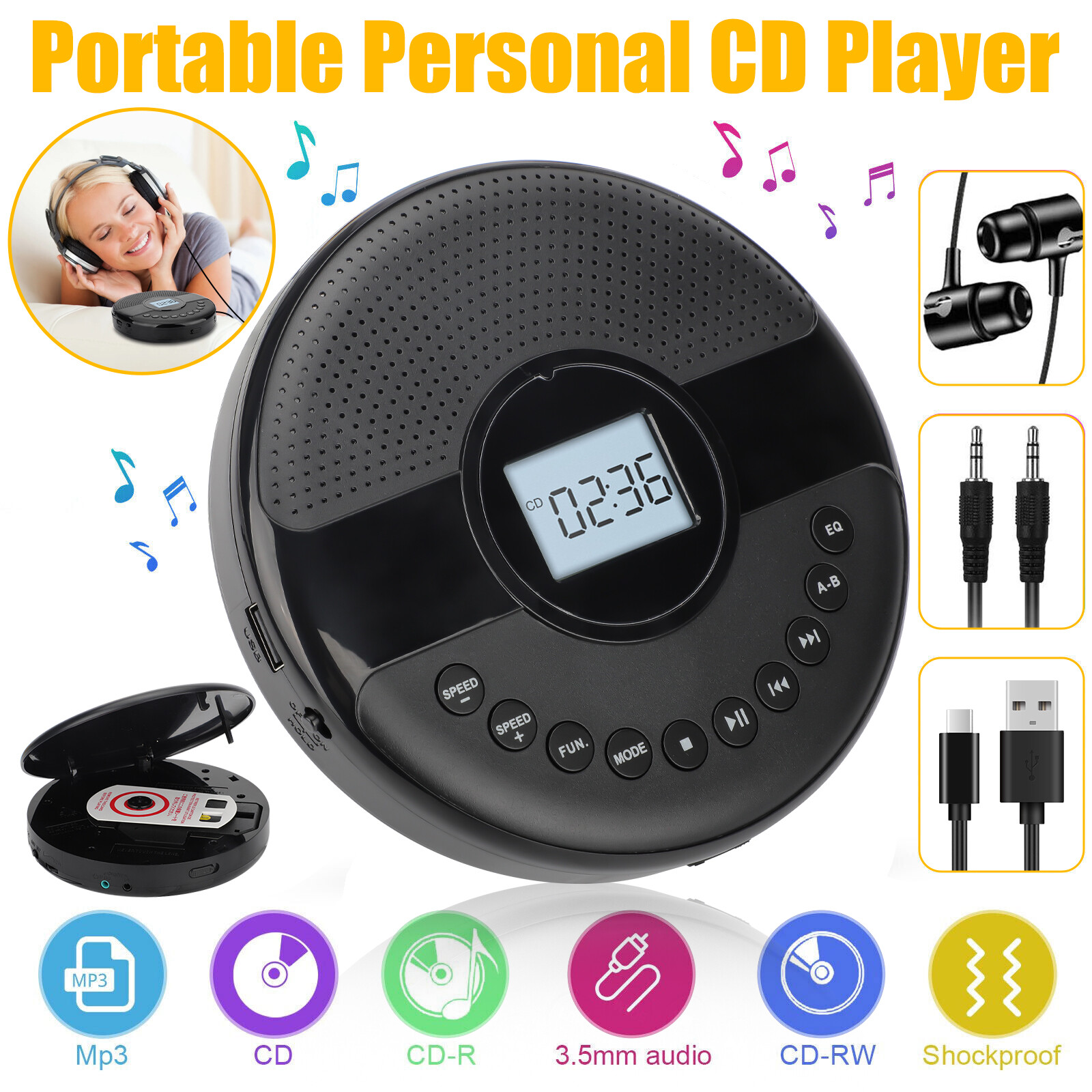 Personal Rechargeable CD Player MP3 Music Walkman Anti Skip Portable +Headphones