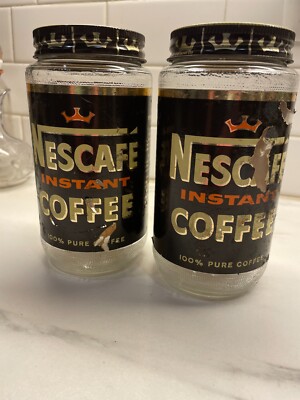 2 VTG NESCAFE INSTANT COFFEE GLASS JAR, LID, & LABEL NESTLE ADVERTISING