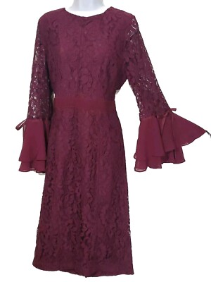 New York & Co Eva Mendes Size 14 Lace Burgundy Bell Sleeve Zip Back Formal  Dress | eBay