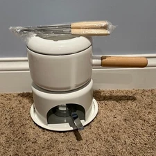 NEW VTG Crate & Barrel White Cast Iron Metal 6" Fondue Pot Set forks sterno C&B