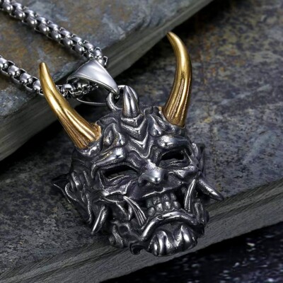 Gold Hannya Mask Pendant Necklace Chain Men's Punk Retro Rock Biker Jewelry Gift